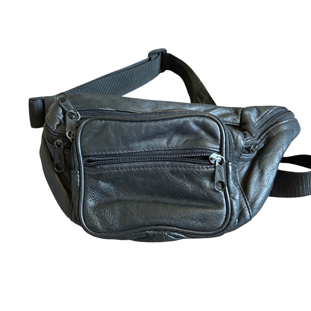 Eastern Black Leather Fanny Pack Waist Bag Multi Pocket Adjustable Strap Vintage